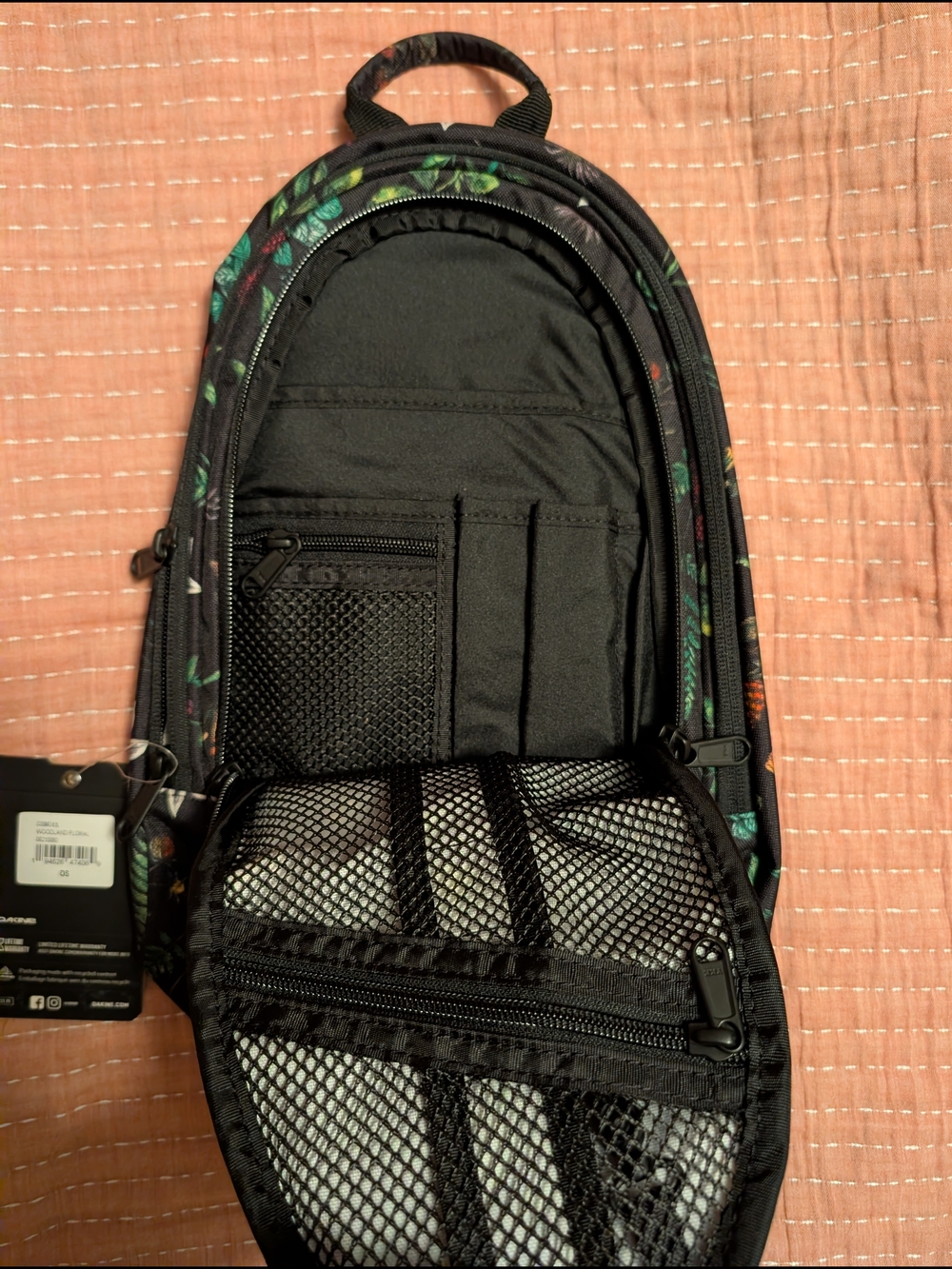 Dakine Black Floral Mini Backpack with Green Leaf Accents - Picture 3 of 6